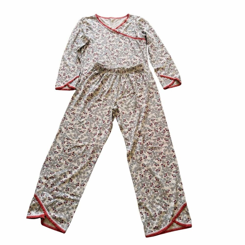 Garnet Hill Floral Multi Pajama Lounge Asian Wrap 100% Organic Pajama Set SZ XS